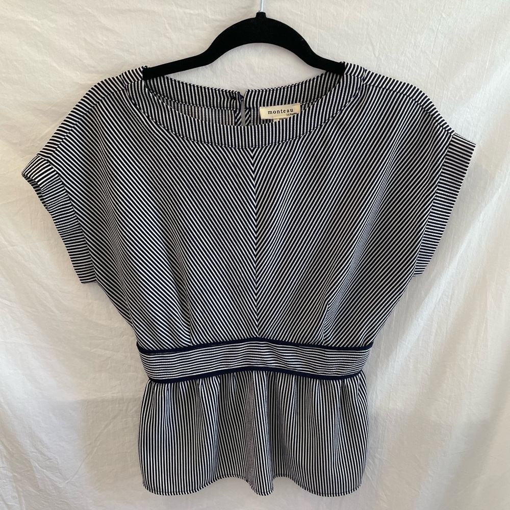 Monteau Navy and White Striped Blouse
